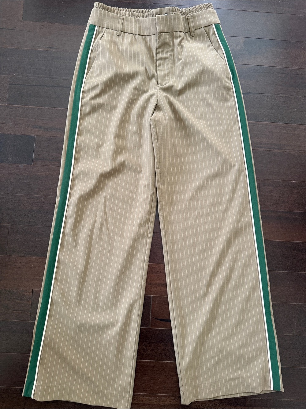Zara Tan Pinstripe Wide-Leg Chinos with Green Side Stripes